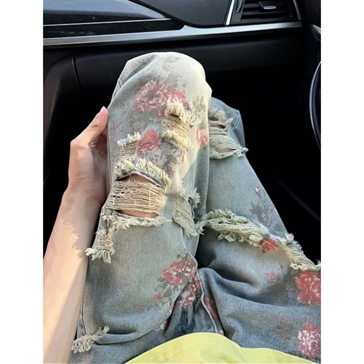 哲源 美式复古高街玫瑰花设计感显高显瘦裤子痞帅炸街日常通勤嘻哈风无性别主义阔腿直筒微喇破洞牛仔裤 男女同款