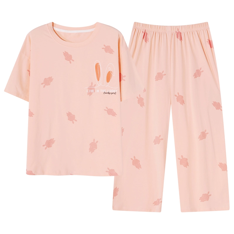 芬腾可安 外出可穿的家居服纯棉休闲宽松舒适透气微弹显瘦时尚韩版短袖七分裤春夏季睡衣套装 女款