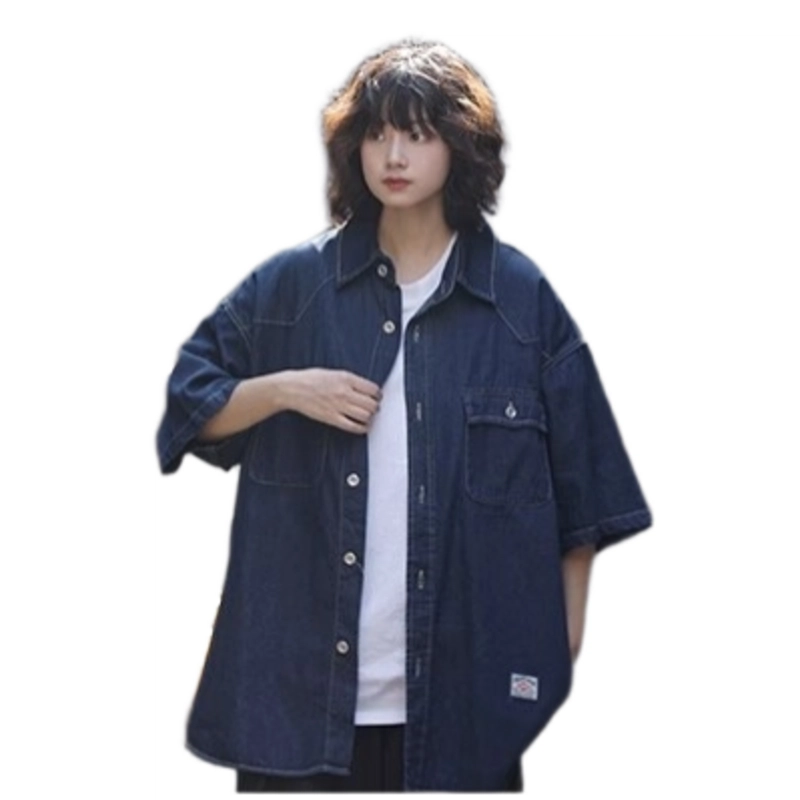 轻迎 夏季日系复古牛仔水洗宽松街头多口袋短袖衬衫 男女同款