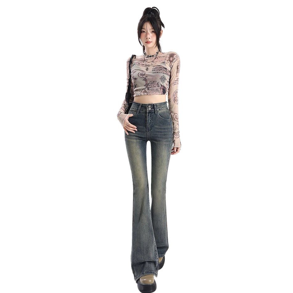 么宁 美式复古高腰设计感显瘦马蹄裤微喇叭裤牛仔裤 女款