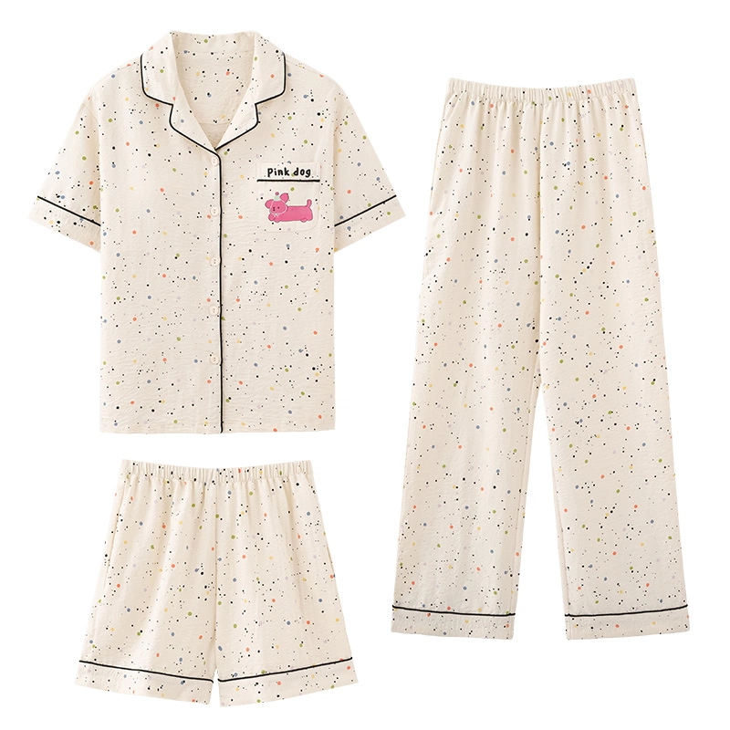 卡绚 翻领短袖短裤长裤三件套甜美卡通休闲舒适家居服夏季睡衣套装 女款