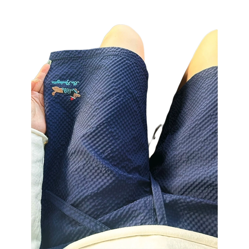 臣目 藏青色泡泡纱腊肠狗短裤男款夏季刺绣冰丝速干美式五分裤裤子 男女同款