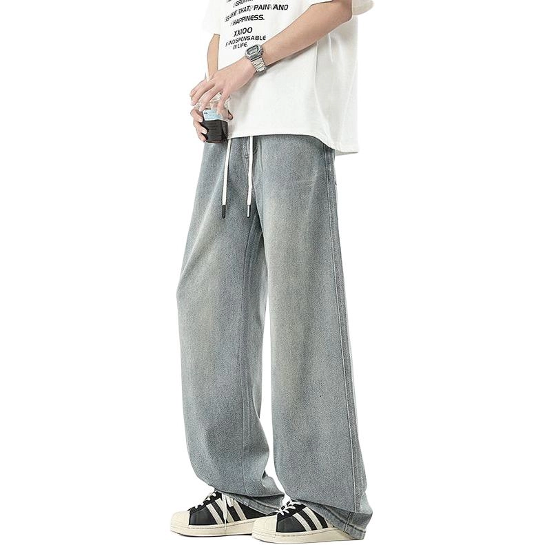 隐狼世家 美式复古水洗做旧春夏季休闲宽松直筒阔腿牛仔裤 男款