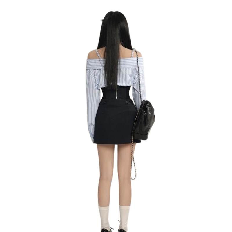 邓大喵 条纹一字肩衬衫束腰春夏轻熟半身裙裙装套装 女款