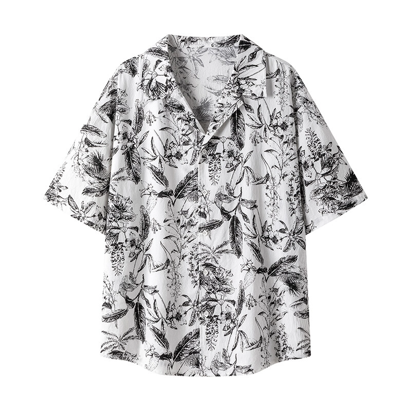 零氏 水墨薄款透气纯棉衬衣翻领设计休闲衣服夏威夷海边度假沙滩短袖衬衫 男女同款