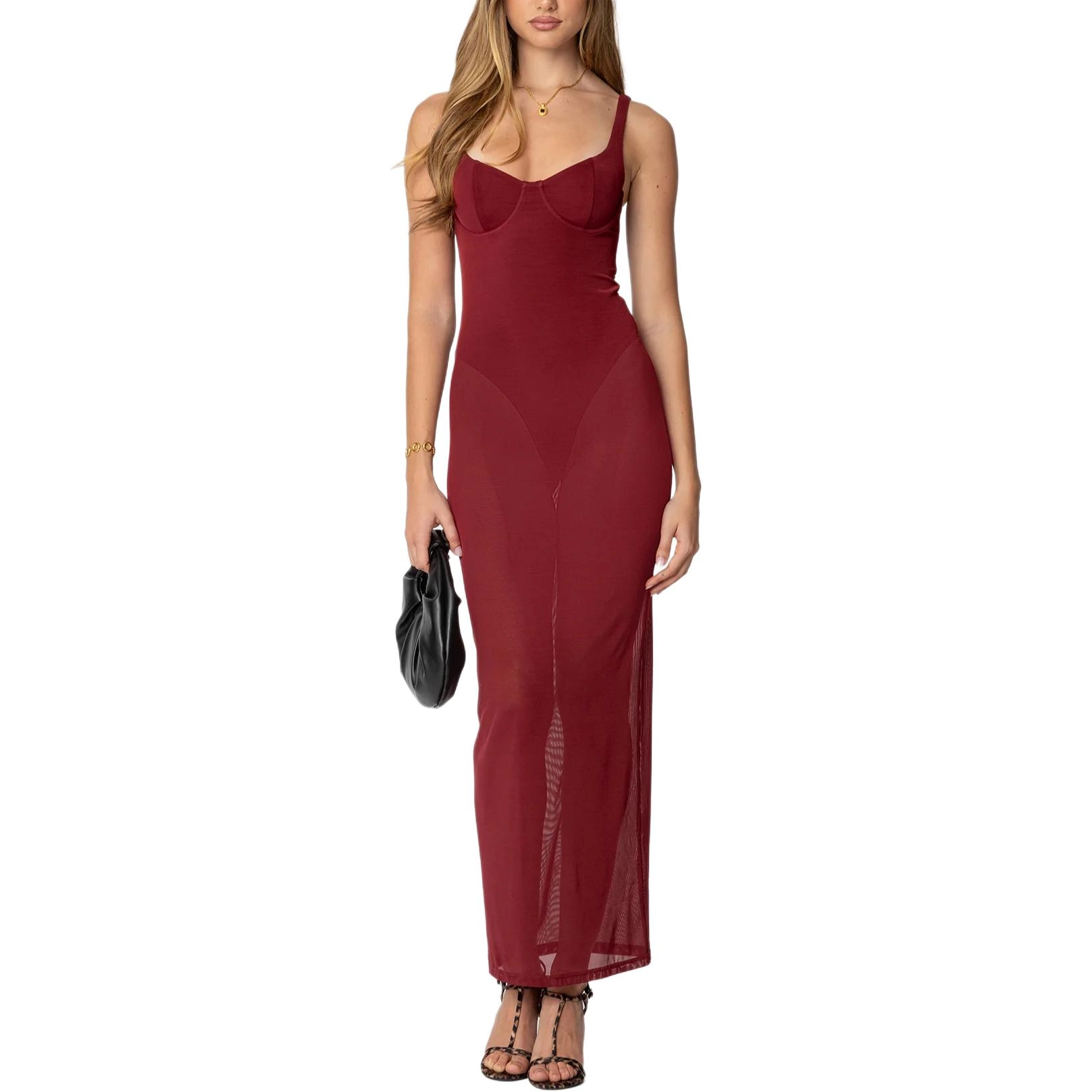 edikted Mesh Built In Bodysuit Maxi Dress V
