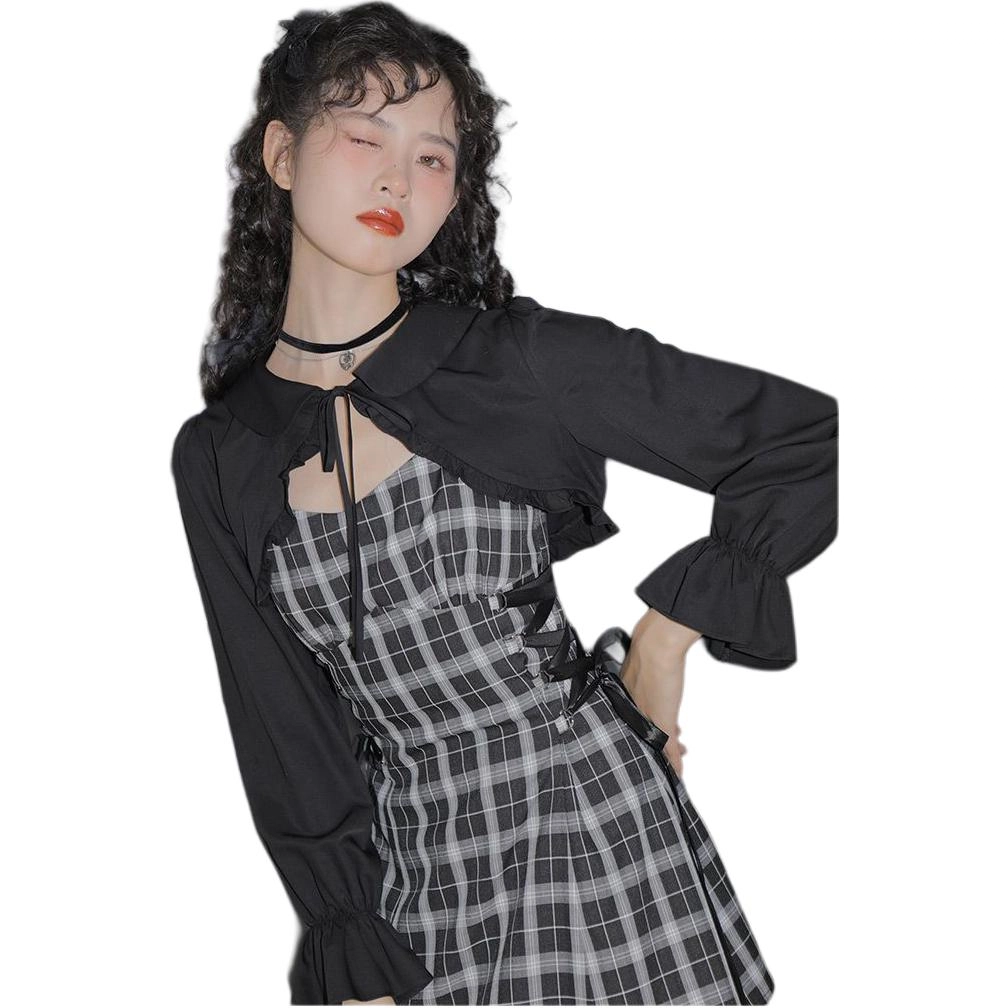 邓大喵 甜美雪纺开衫黑白格子吊带连衣裙两件套裙子裙装套装 女款
