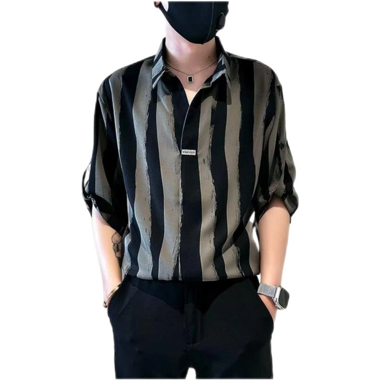 木木兔 百搭简约经典基础款条纹短袖衬衫 男款