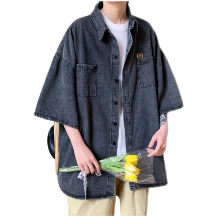 木木兔 百搭港风日系牛仔休闲透气时尚简约轻便轻便简约痞帅短袖衬衫 男款