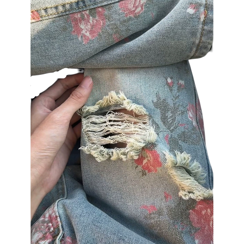 佑麟 美式高街花卉破洞高级感显瘦裤子玫瑰满印直筒裤牛仔裤 男女同款