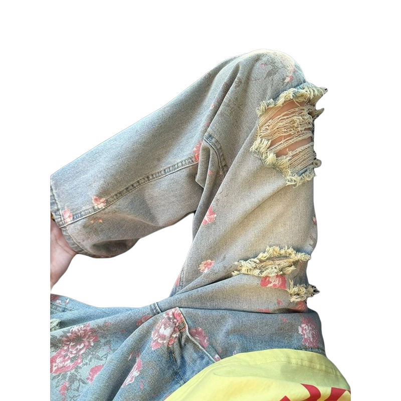 佑麟 美式高街花卉破洞高级感显瘦裤子玫瑰满印直筒裤牛仔裤 男女同款