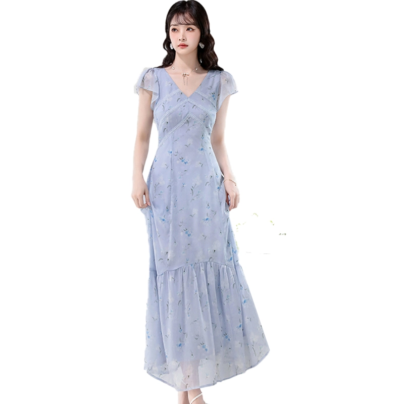 果瑱 法式复古时尚舒适气质优雅蕾丝边拼接碎花女夏季海边沙滩慵懒度假小飞袖雪纺气质长裙乖乖女穿搭短袖连衣裙 女款