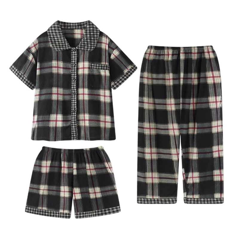 夏芬妍 柔软舒适经典格子云朵棉翻领开衫家居服亲肤休闲短袖三件套时尚可外穿夏季睡衣套装 男女同款