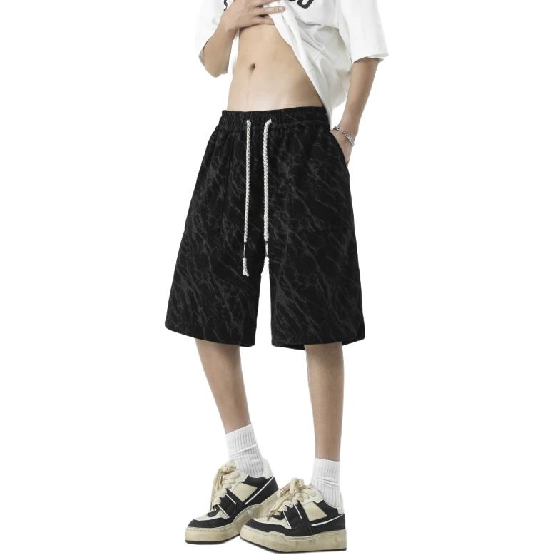 左岸 夏季港风潮流简约暗纹宽松系带中裤薄款沙滩风五分裤子休闲短裤 男款