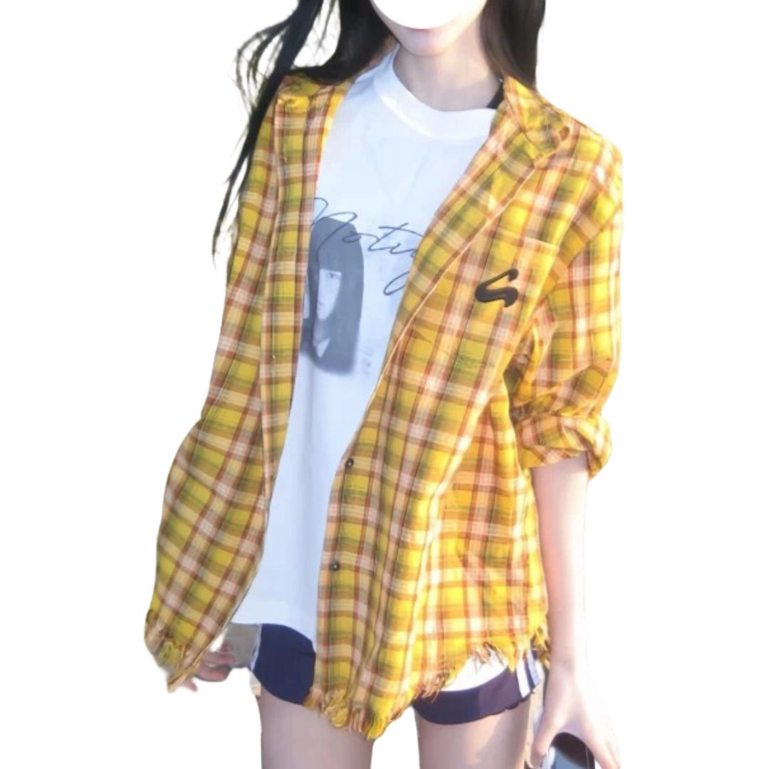 冈哉 美式潮流高街复古多巴胺条纹格子衫拼接设计透气亲肤流苏下摆街头痞帅潮流舒适百搭宽松休闲翻领落肩垂感长袖衬衫 男女同款