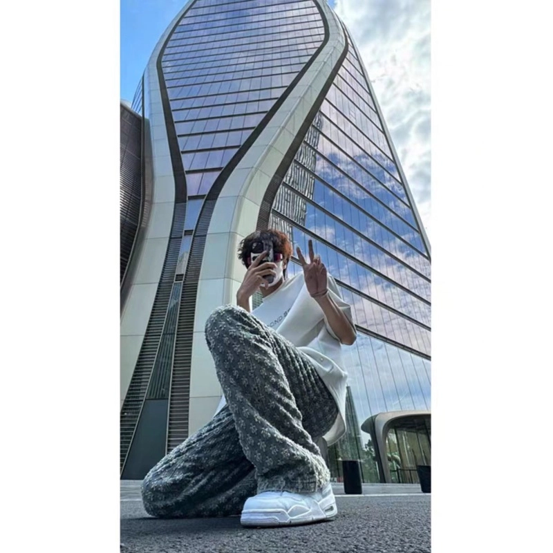 半空山 美式复古高街满印提花小众中腰巴黎弯刀微喇高级感百搭潮牌休闲舒适通勤牛仔裤 男女同款