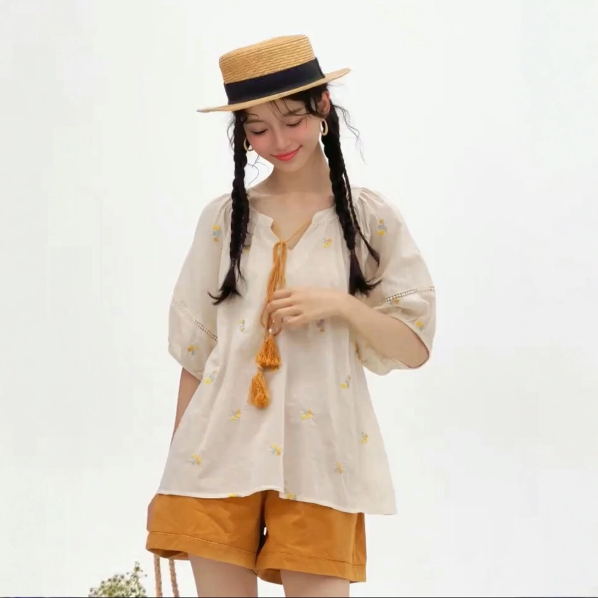 费尔岛上的猫 田园韩系气质碎花衬衫搭配简约短裤休闲套装 女款