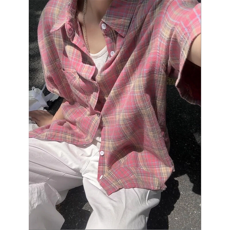 佑麟 美式复古格子磨毛格纹衬衣防晒开衫薄款短袖衬衫 男女同款