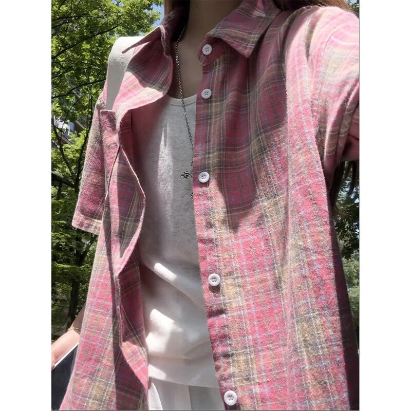 佑麟 美式复古格子磨毛格纹衬衣防晒开衫薄款短袖衬衫 男女同款