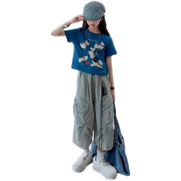 天才小熊牛仔套装 女童夏季大童潮牌运动小孩衣服 小女孩短袖洋气时髦 漂亮 甜美