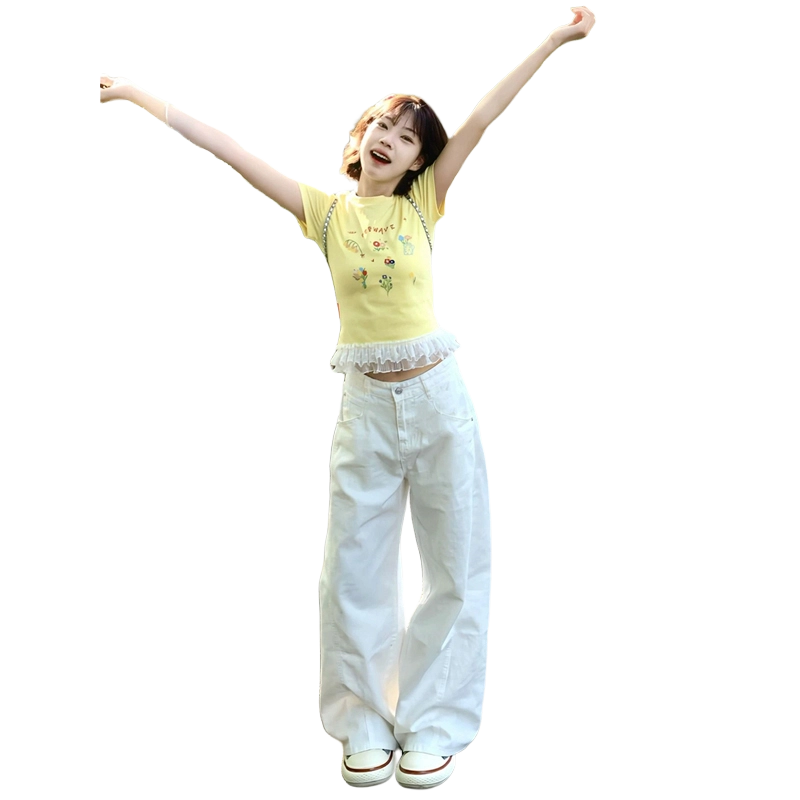 佑麟 弯刀牛仔裤夏薄款镰刀高腰阔腿裤子美式高街宽松直筒工装裤长裤 男女同款