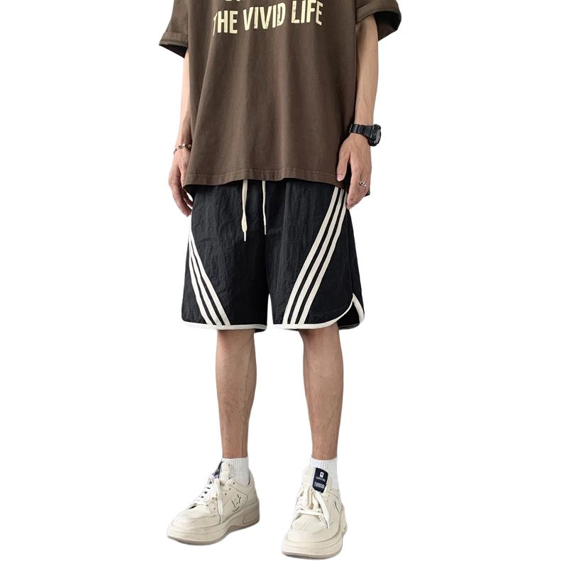 永言 三条杠男夏季薄款冰丝裤五分中裤美式高街痞帅篮球运动裤子 休闲短裤 男女同款