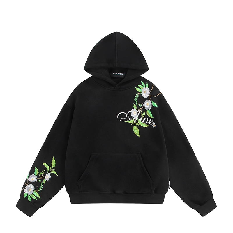 永言 小众复古衣服植物花卉刺绣设计感连帽外套春秋潮流百搭 卫衣 男女同款