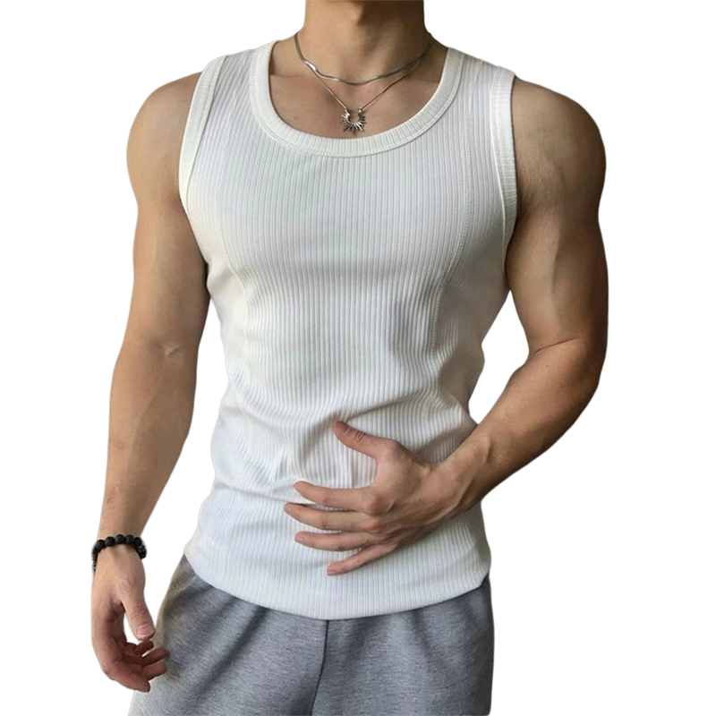 臣目 白色粗螺纹坎肩修身美式健身运动汗衫无袖夏季背心 男女同款