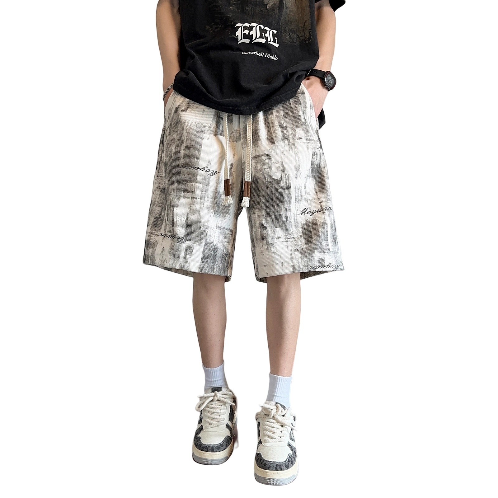 哲源 美式复古高街时尚扎染潮牌小众大码口袋设计宽松简约速干抽绳系带薄款垂感中腰百搭运动五分裤休闲短裤 男女同款