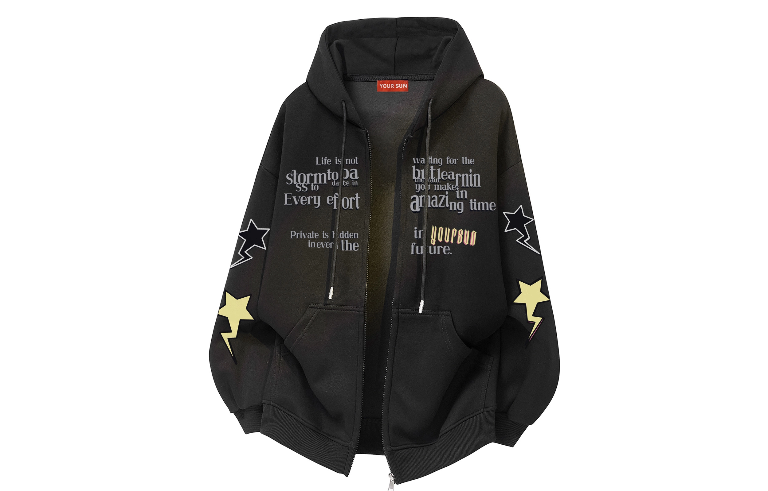 宜而爽 美式高街复古潮牌星星字母印花宽松舒适休闲抽绳落肩日常通勤百搭运动拉链长袖连帽开衫卫衣 男女同款