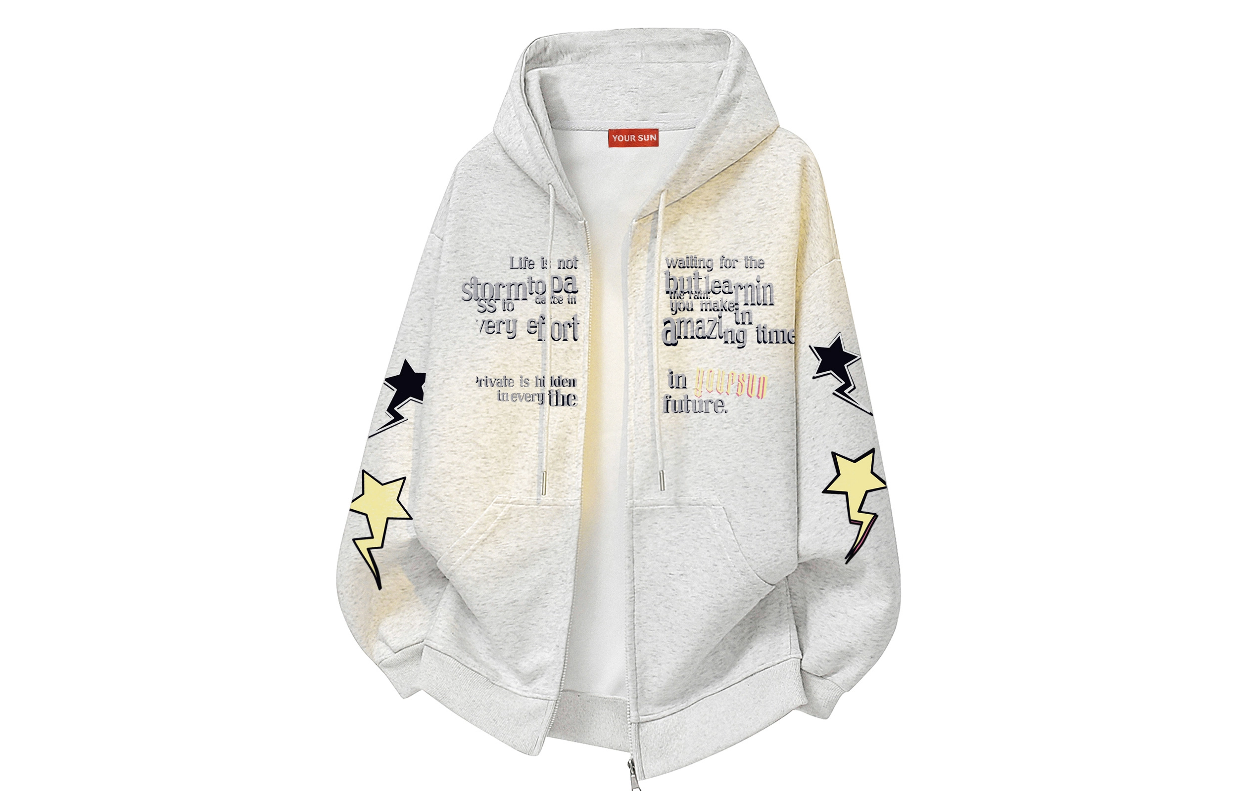 宜而爽 美式高街复古潮牌星星字母印花宽松舒适休闲抽绳落肩日常通勤百搭运动拉链长袖连帽开衫卫衣 男女同款