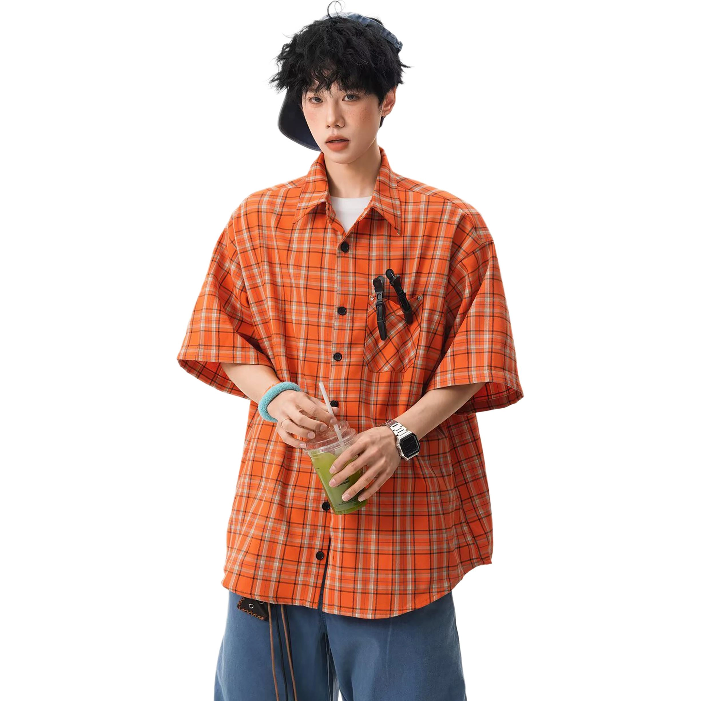 拾个壹先生 韩版美式小众潮流格子短袖衬衫 男款