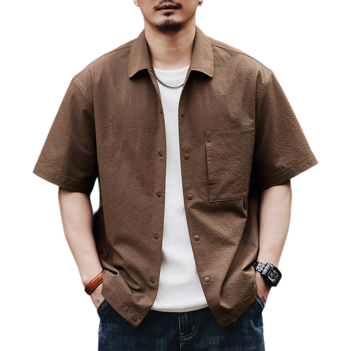 格蓝鹿 高端美式复古薄款凉感山系工装衬衣日系街头潮牌透气吸湿排汗户外露营机能港风短袖衬衫 男女同款