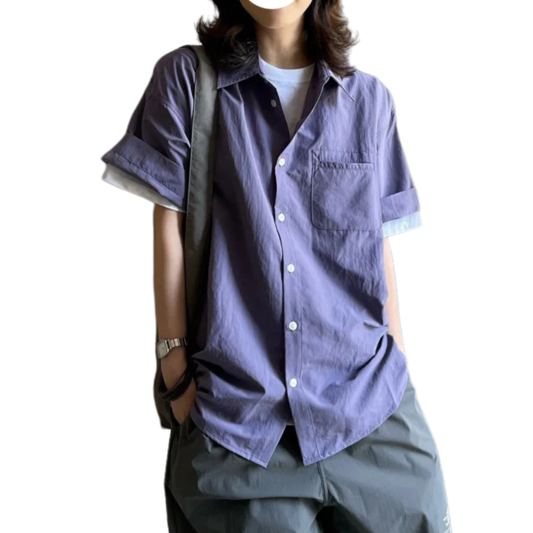 冈哉 美式户外复古做旧耐磨宽松休闲百搭舒适透气撞色纽扣重磅水洗纯色棉工装短袖衬衫 男女同款