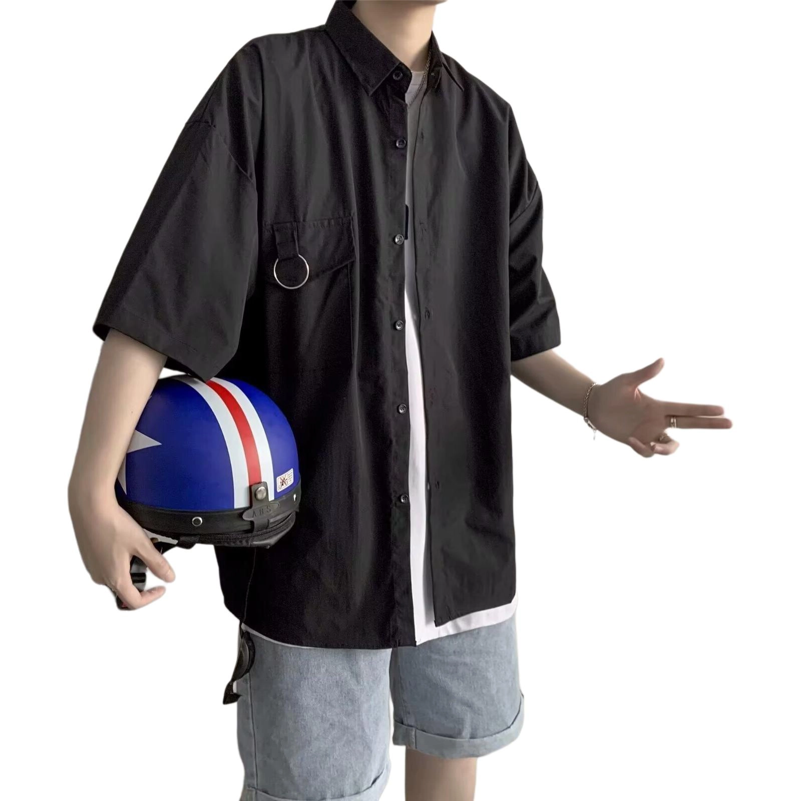 木木兔 百搭韩版学生宽松日系休闲透气时尚简约轻便轻便简约短袖衬衫 男款