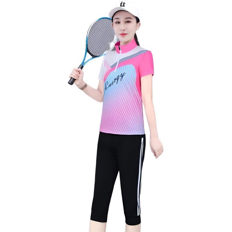 左岸  夏季冰感吸湿排汗舒适柔软轻便网眼宽松亲肤修身透气时尚百搭圆领速干短袖短裤户外运动拼色日常通勤休闲  健身套装  女款