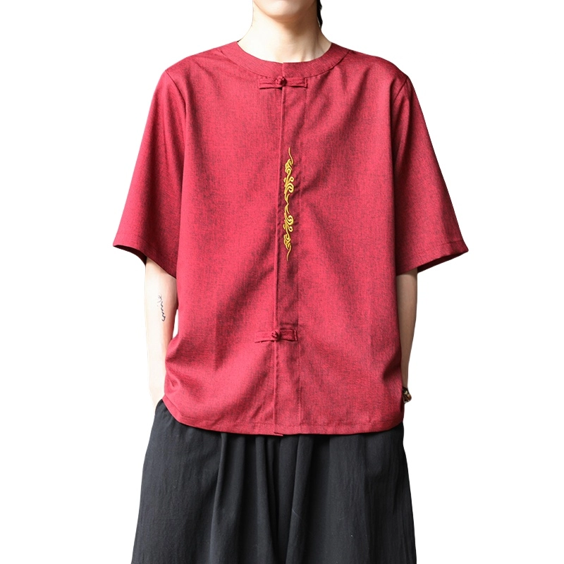 加荣 唐装中国风夏季薄款透气仿麻汉服短袖衬衫复古宽松盘扣立领潮流百搭大码青少年户外出行五分袖衬衣上衣 男女同款