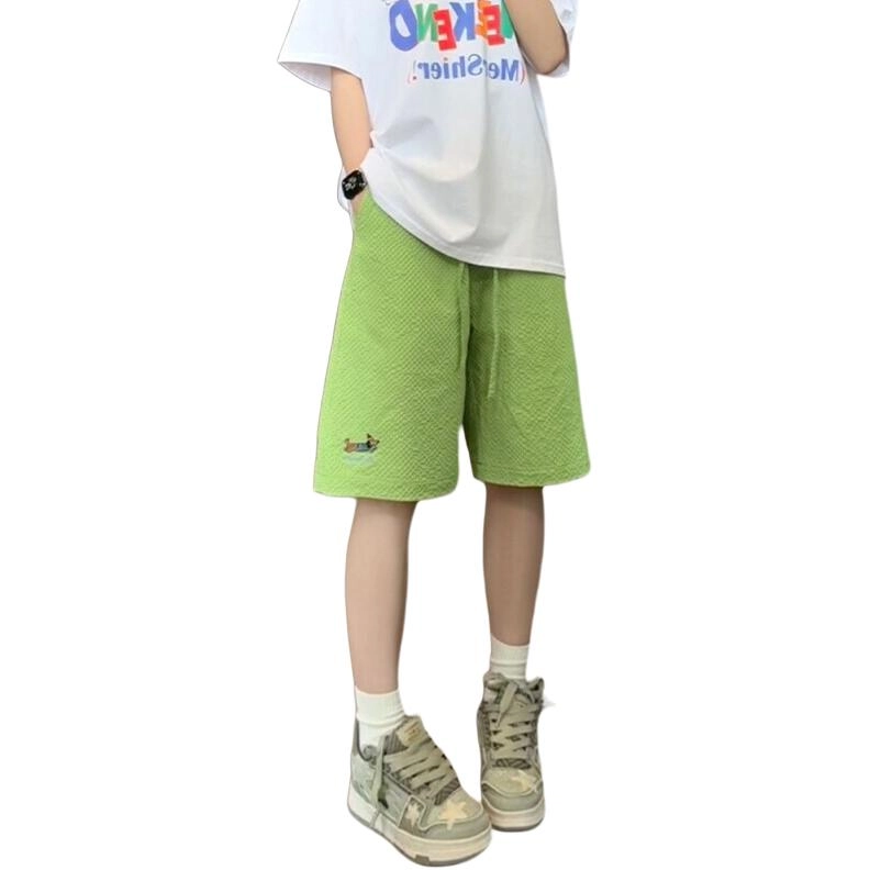 臣目 藏青色泡泡纱腊肠狗短裤男款夏季刺绣冰丝速干美式五分裤裤子 男女同款