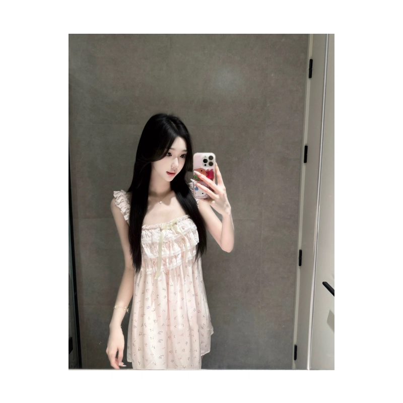 依钗 小清新精致甜美温柔碎花舒适公主风荷叶边吊带连衣裙 女款