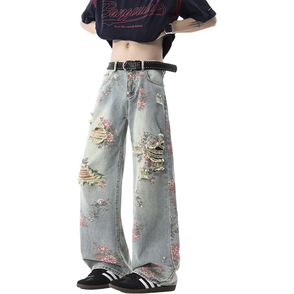 哲源 美式复古高街玫瑰花设计感显高显瘦裤子痞帅炸街日常通勤嘻哈风无性别主义阔腿直筒微喇破洞牛仔裤 男女同款