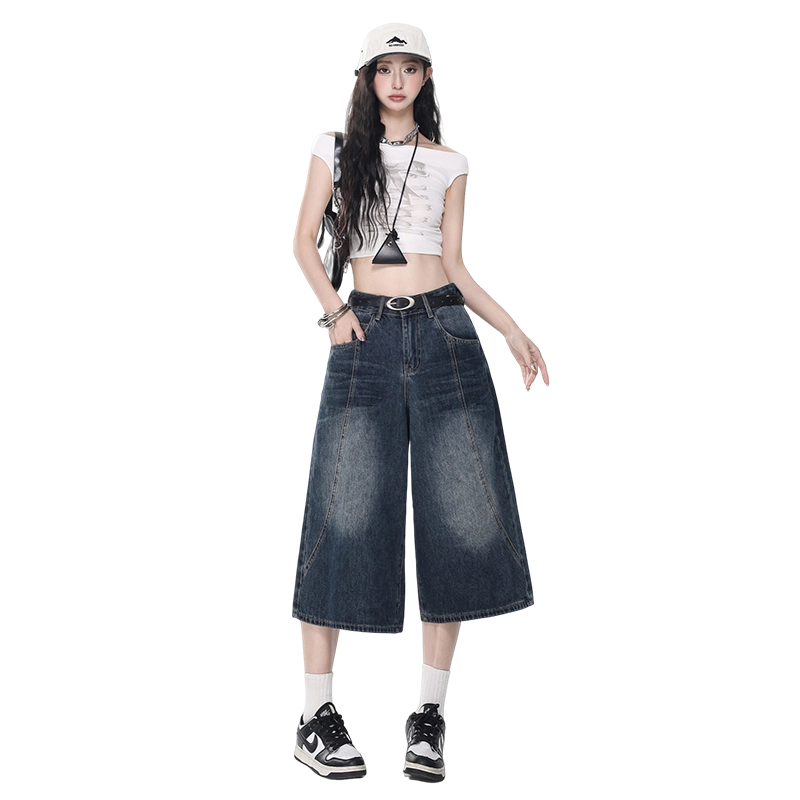 玫丝朵 美式复古高腰宽松七分直筒牛仔短裤  女款