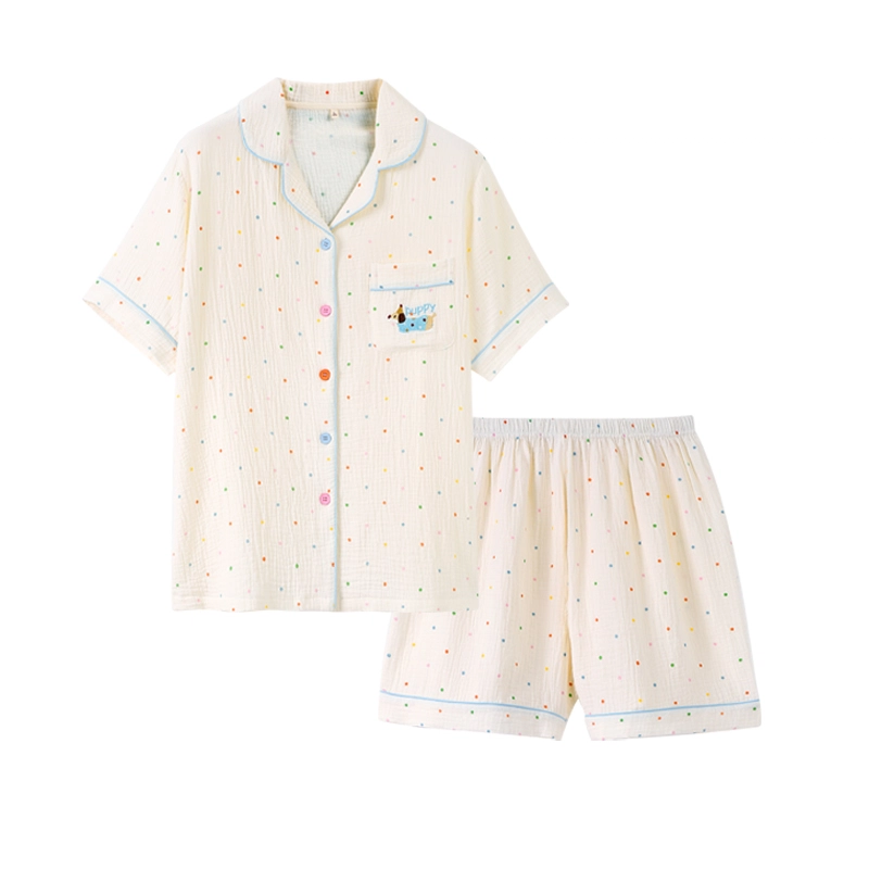 夏芬妍 甜美可爱卡通婴儿棉双层纱翻领短袖短裤家居服简约休闲可外穿睡衣套装 女款