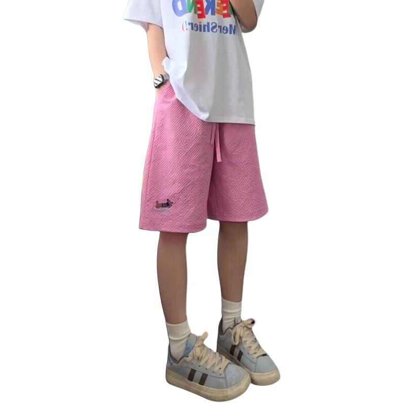 臣目 藏青色泡泡纱腊肠狗短裤男款夏季刺绣冰丝速干美式五分裤裤子 男女同款