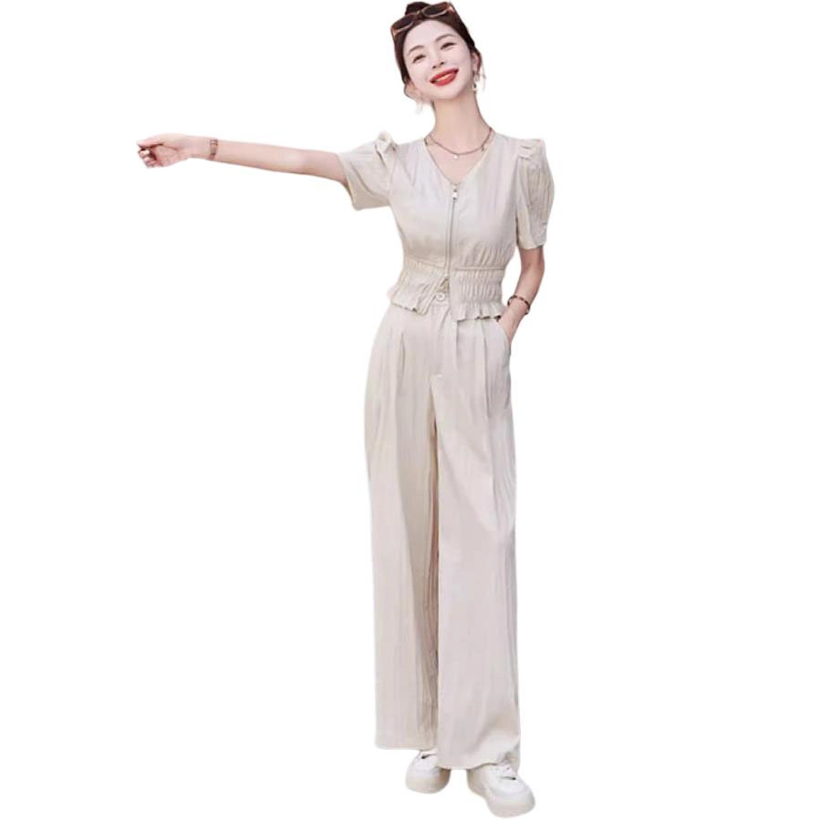 水中花 搭配一整套时尚流行夏季显瘦高腰阔腿裤两件套休闲套装 女款
