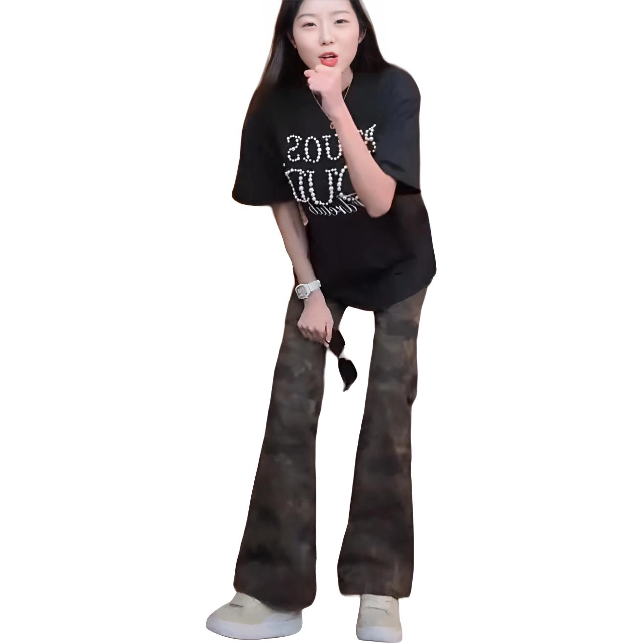 拓菲 迷彩微喇牛仔裤直筒裤子 男女同款