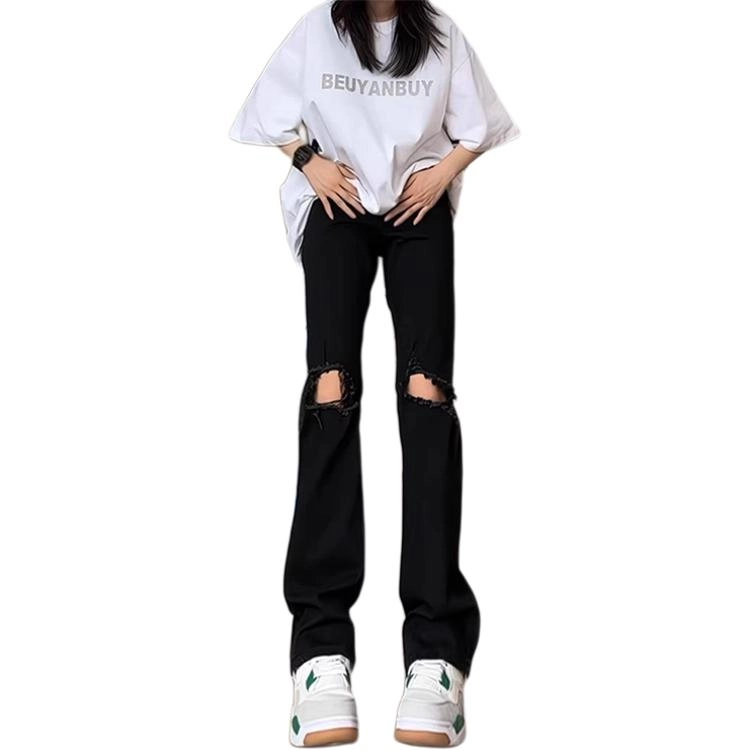 拓菲 美式高街潮牌高弹力修身拉链膝盖破洞牛仔裤长裤子 男女同款