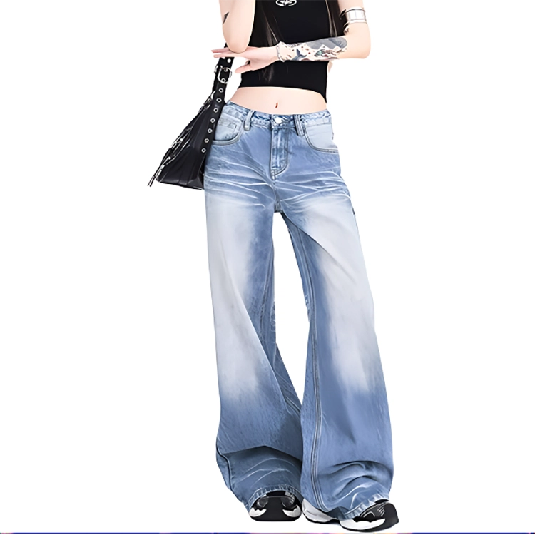 人本 美式百搭时尚做旧水洗折痕拖地显瘦宽松直筒阔腿裤牛仔裤 女款 蓝色