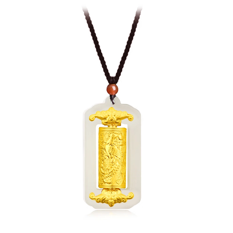 庆怡 时来运转百福转经筒 新中式国风复古本命年吉祥纳福龙凤柱 玉髓 玉石项链 通用