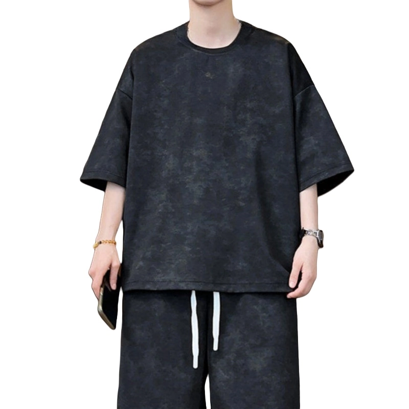 加荣 扎染青少年帅气学生复古高级感时尚初夏穿搭宽松直筒阔腿圆领短袖短裤休闲运动套装 男女同款
