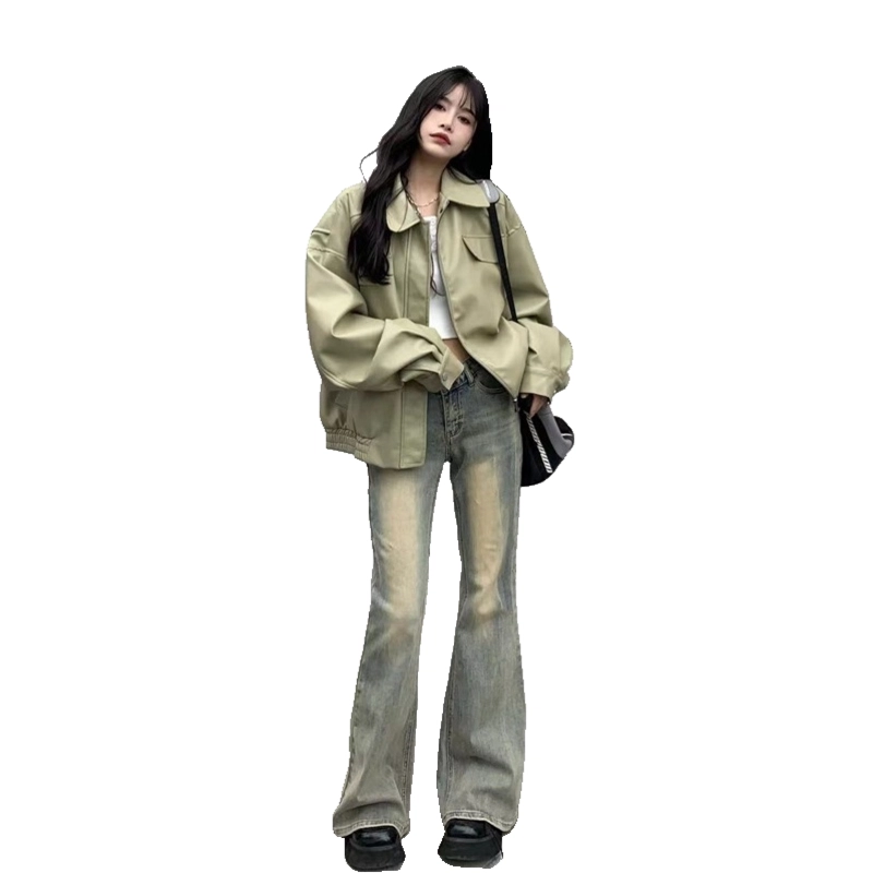 玉儿恋 美式复古宽松纯色翻领拉链夹克外套 女款